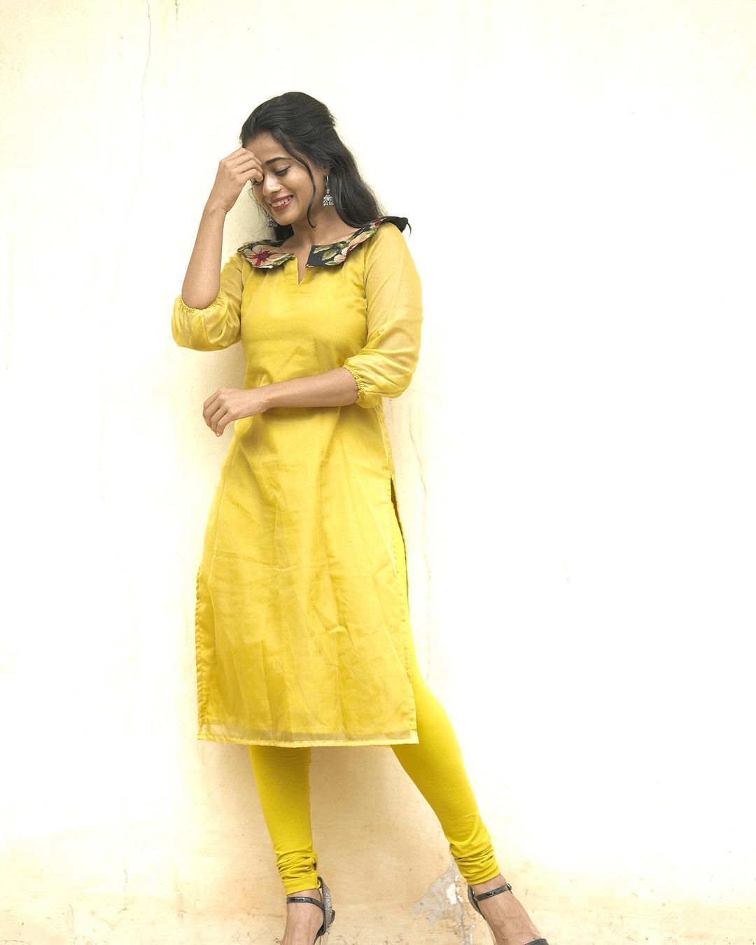 Yellow Organza with green Peter Pan Collar - Studio Thari
